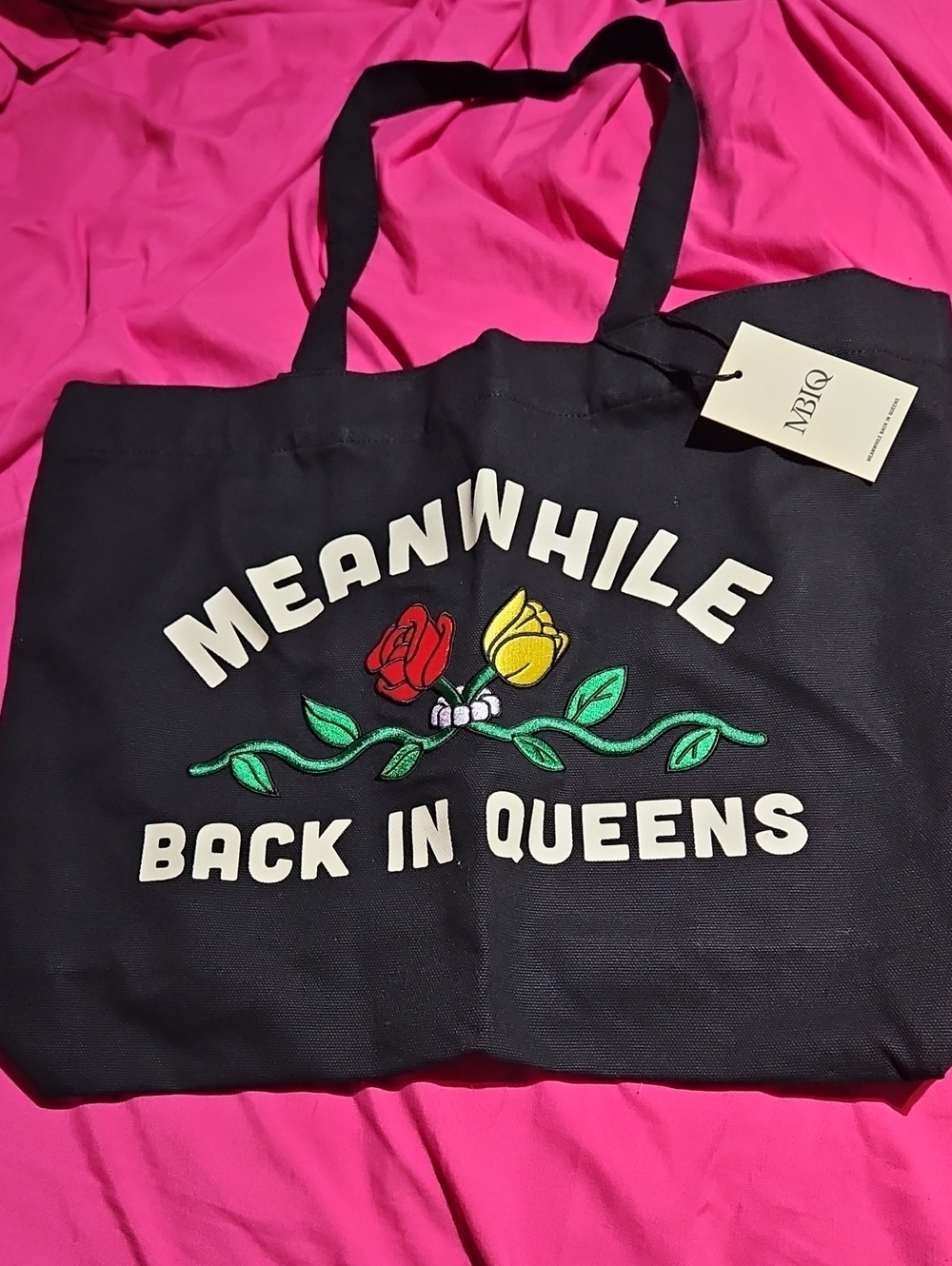 MBIQ Meanwhile Back In Queens Floral Black Tote Bag